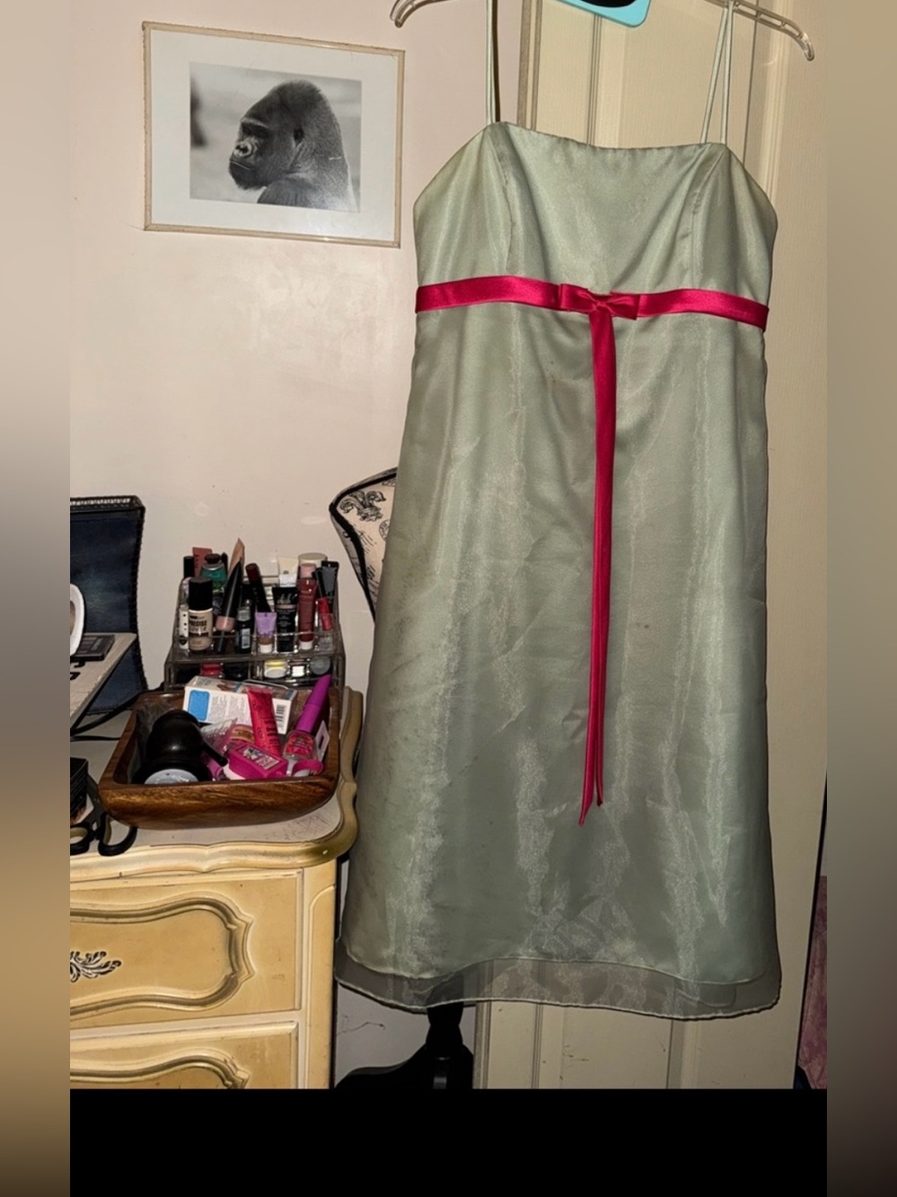 Sage Green Spaghetti Strap Dress with Hot Pink Sash
